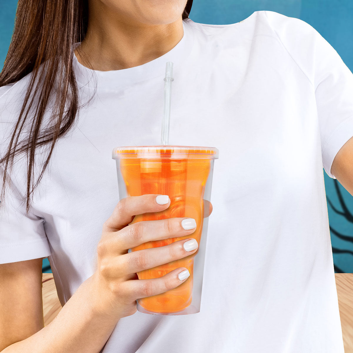 Vaso de Plástico con Tapa y Popote, color Naranja