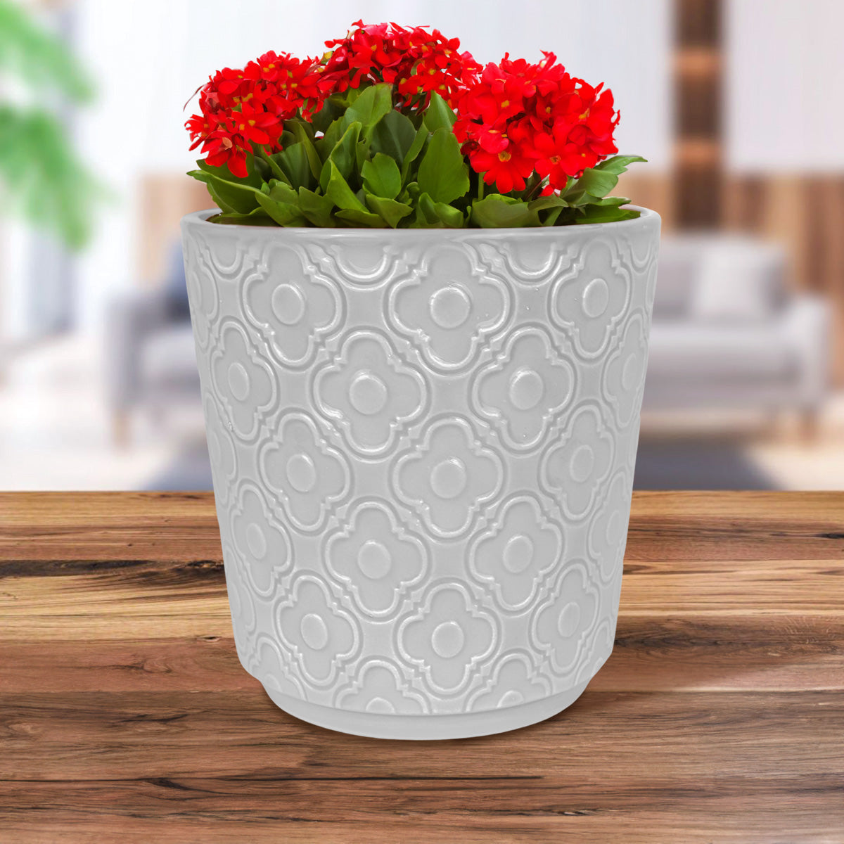 Maceta con Textura Flor, Cerámica, Color Gris