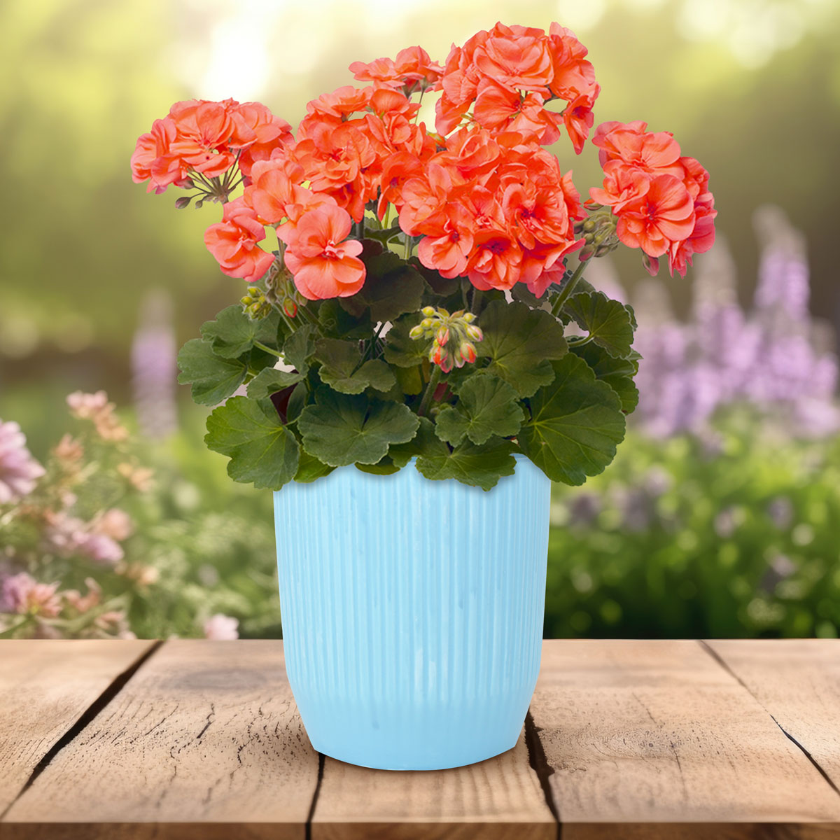 Maceta Textura Líneas de Cerámica, Color Azul, 14x12 cm