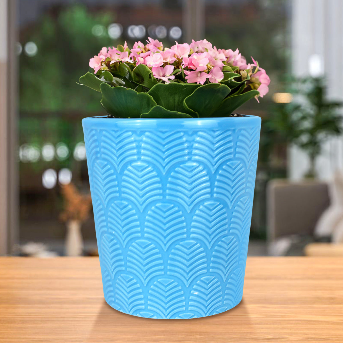 Maceta con Diseño Textura, Cerámica, Color Azul