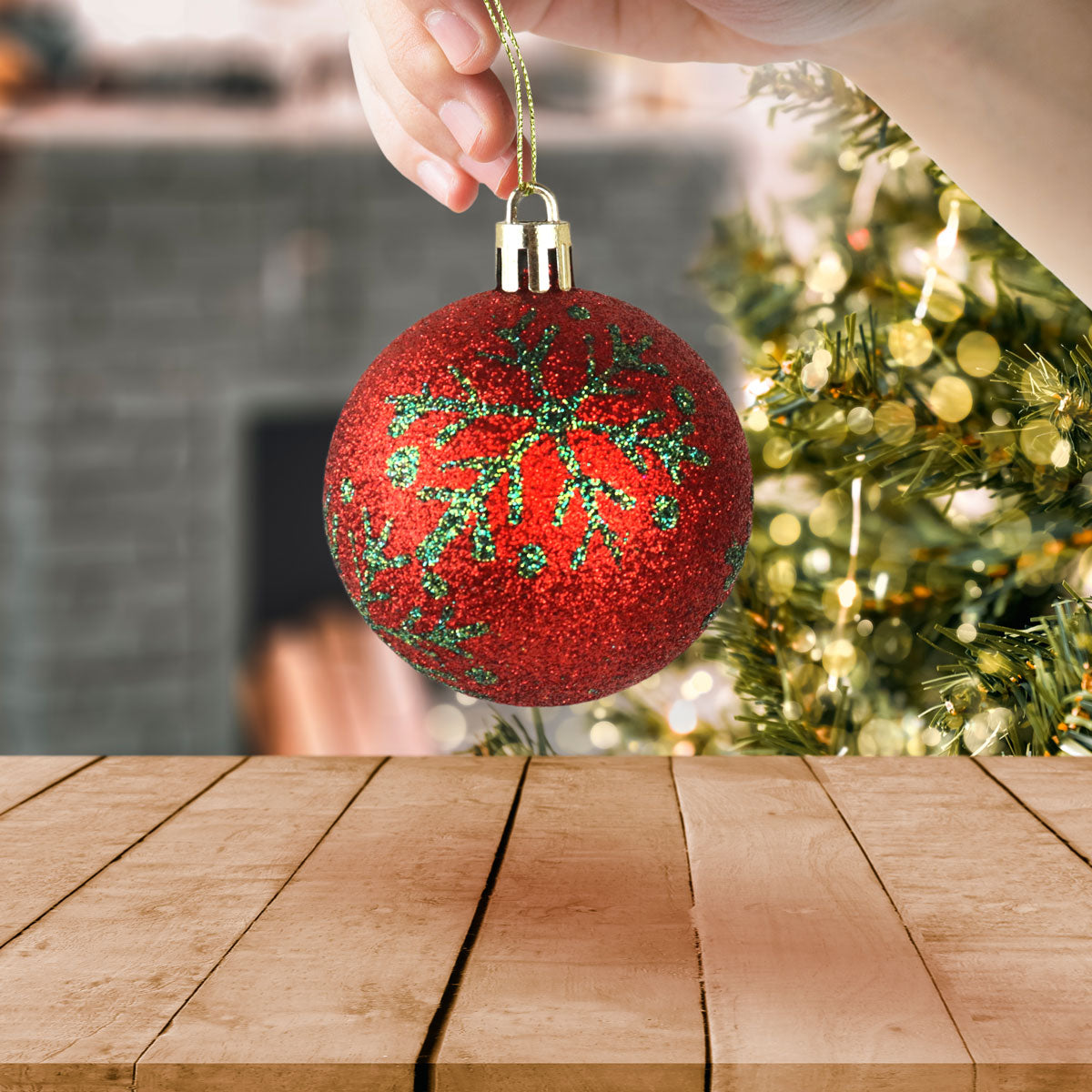 Esferas Navideñas color Rojo Decoradas con Copos de Nieve, 2pzas