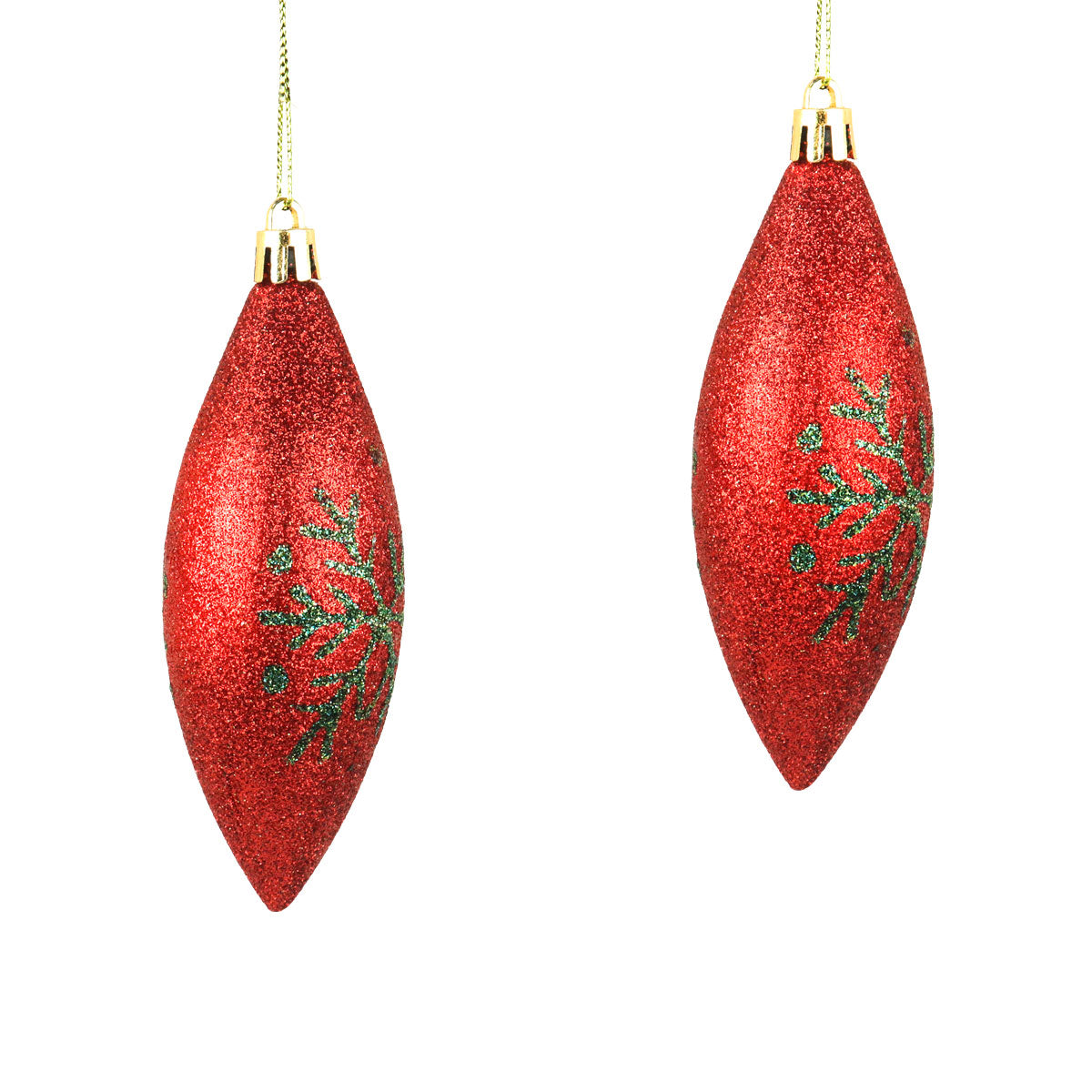 Esferas Alargadas Navideñas color Rojo Decoradas con Copos de Nieve, 2pzas