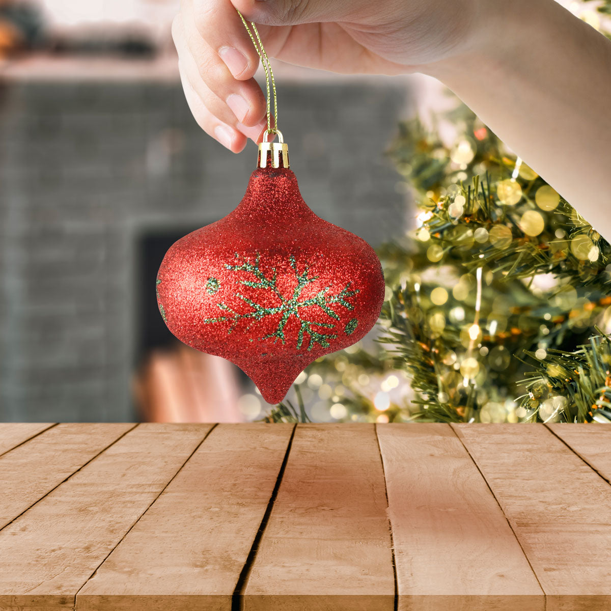 Esferas Navideñas Onion color Rojo Decoradas con Copos de Nieve, 2pzas