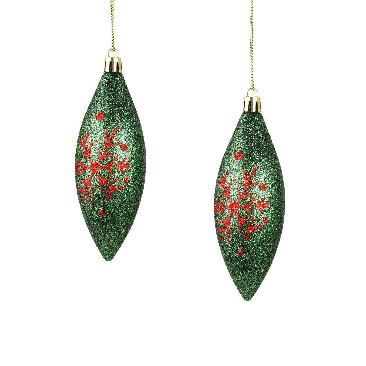 Esferas Alargadas Navideñas color Verde Decoradas con Copos de Nieve, 2pzas