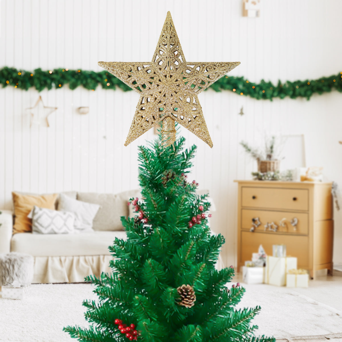 Estrella de Árbol, Glitter, Color Dorado