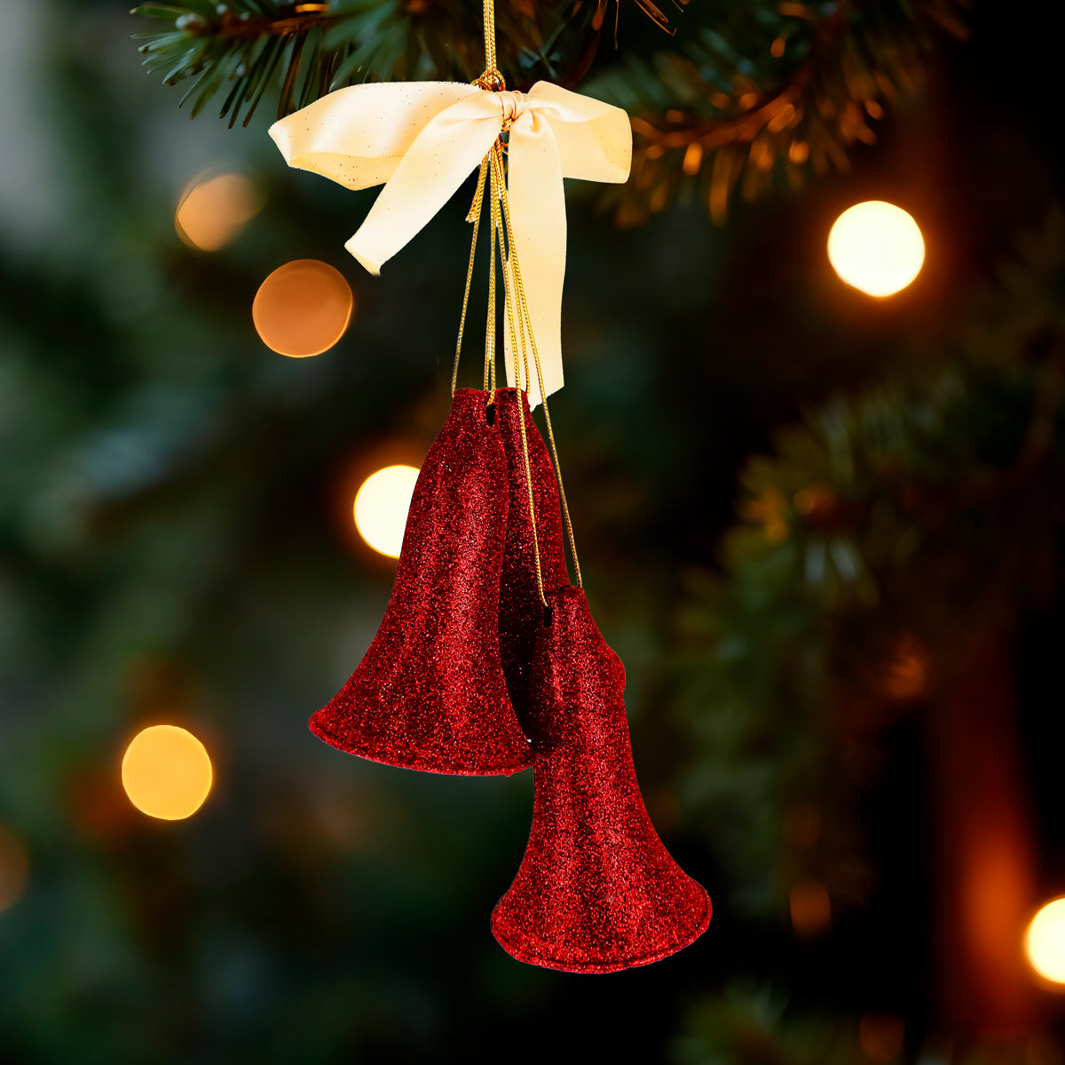 Ornamento Campanas Glitter, Color Rojo, 3 pzas