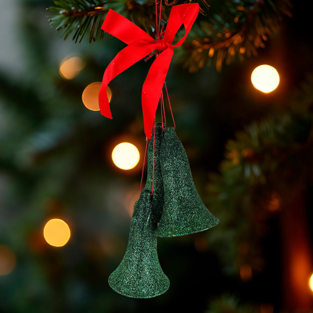 Ornamento Campanas Glitter, Color Verde, 3 pzas