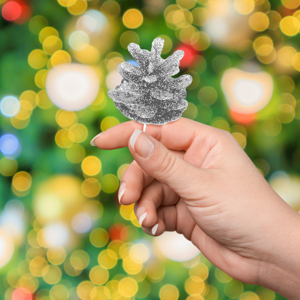 Piña Navideña con Glitter, Color Plata, 6 pzas