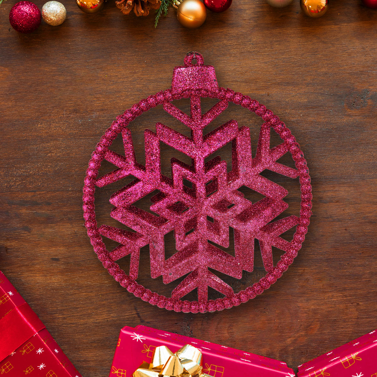 Copos de Nieve Decorativo con Diamantina color Fucsia