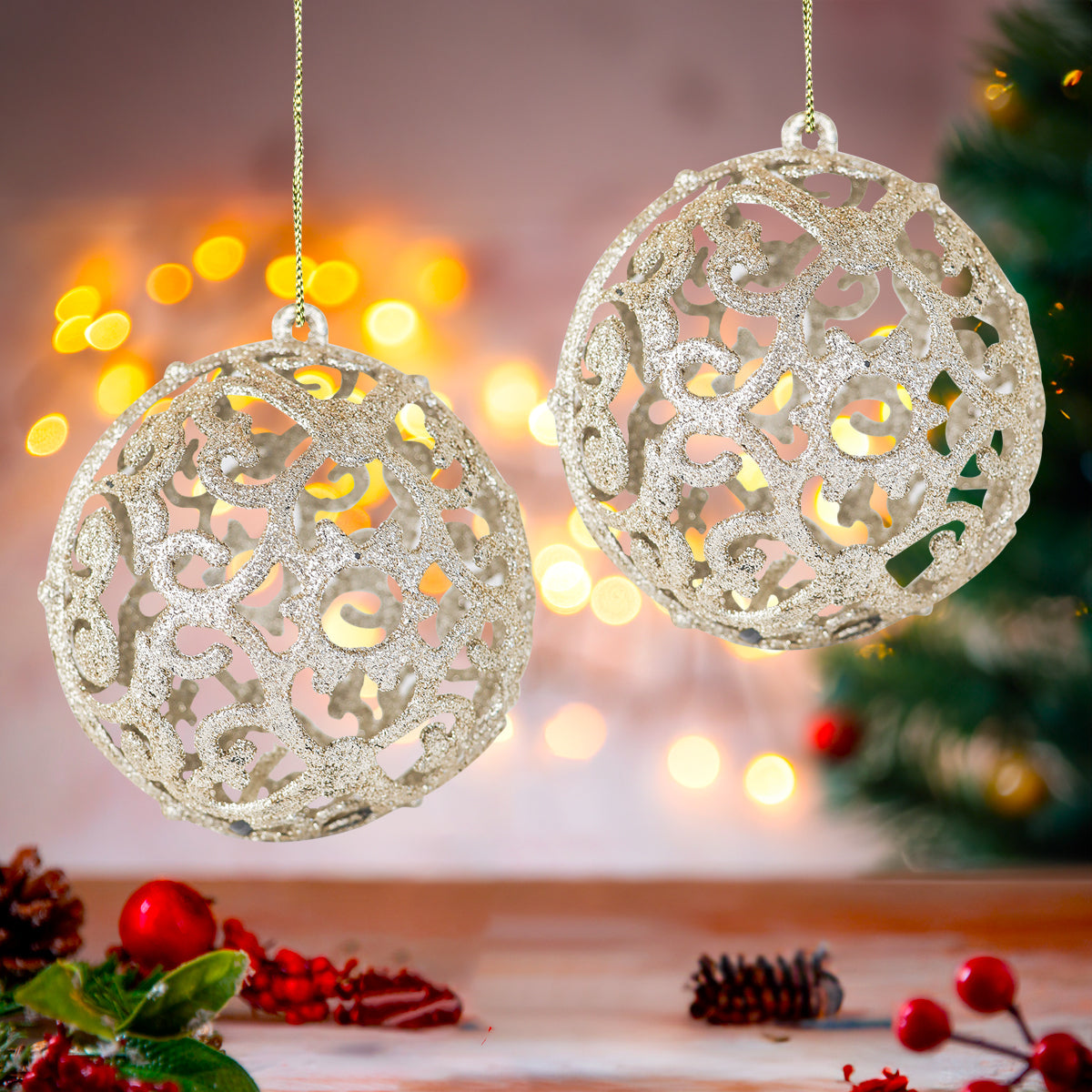 Esfera con Ornamentos, Glitter, 2 pzas