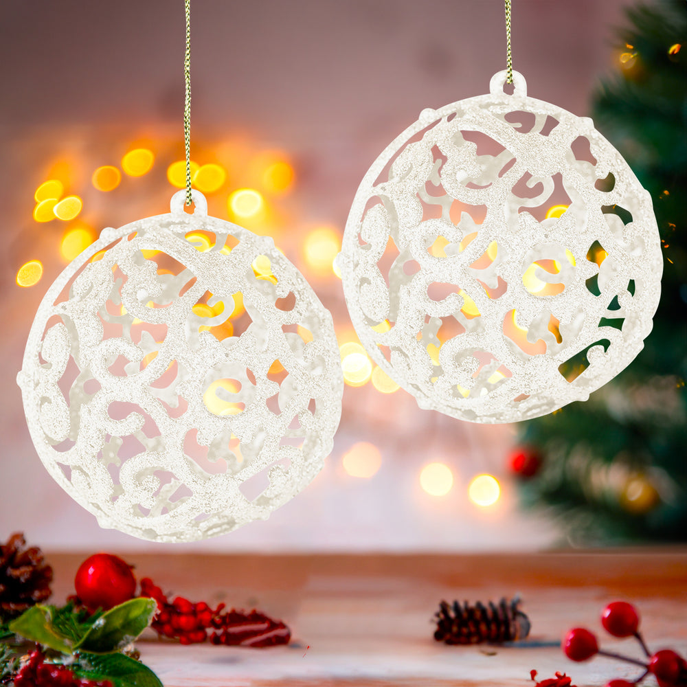 Esfera con Ornamentos, Glitter, Color Crema, 2 pzas