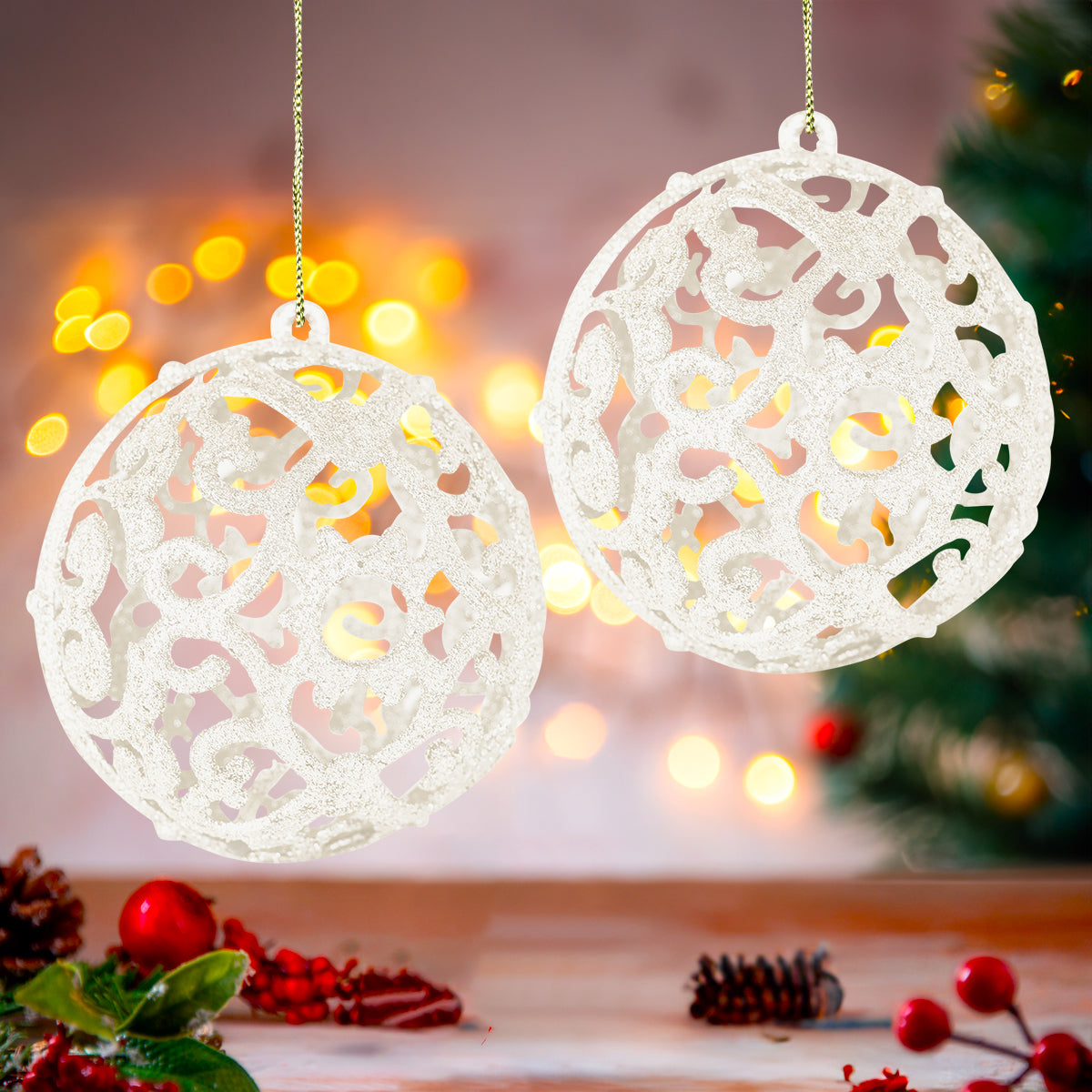 Esfera con Ornamentos, Glitter, Color Crema, 2 pzas