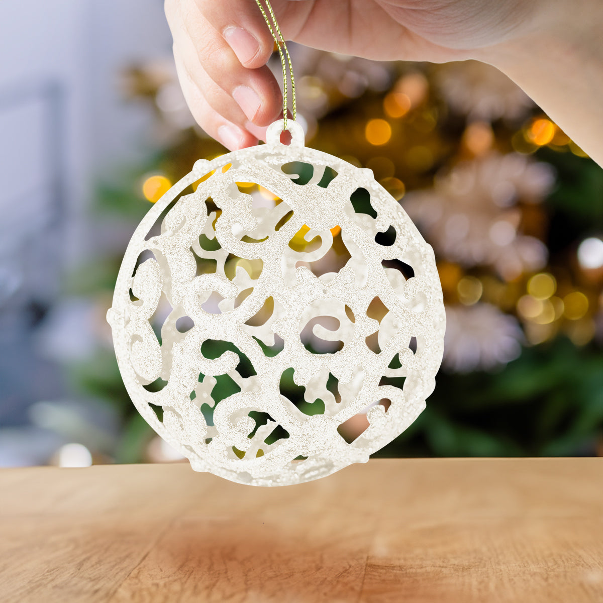 Esfera con Ornamentos, Glitter, Color Crema, 2 pzas