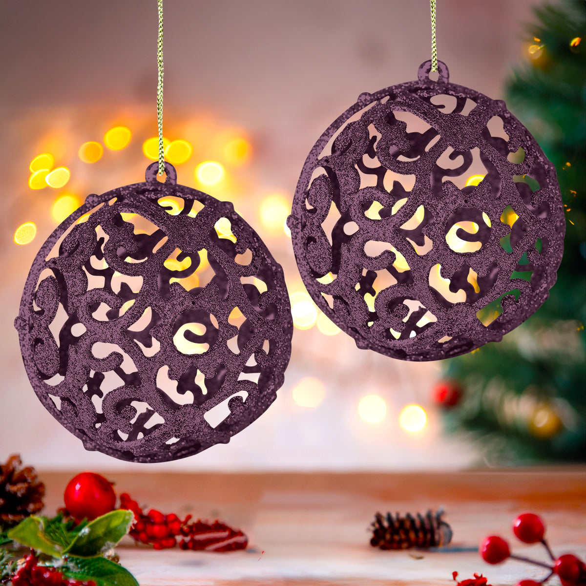 Esfera con Ornamentos, Glitter, Color Morado, 2 pzas