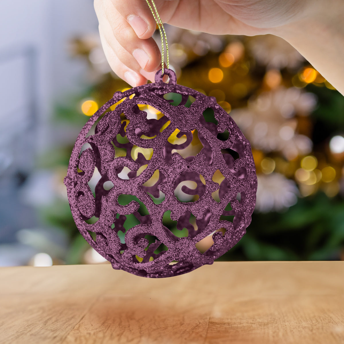 Esfera con Ornamentos, Glitter, Color Morado, 2 pzas