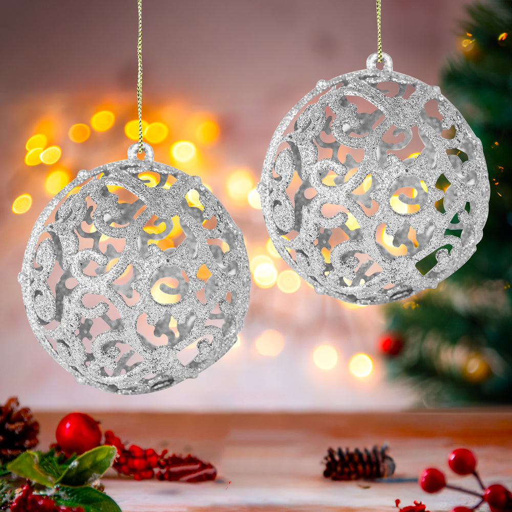 Esfera con Ornamentos, Glitter, Color Plata, 2 pzas