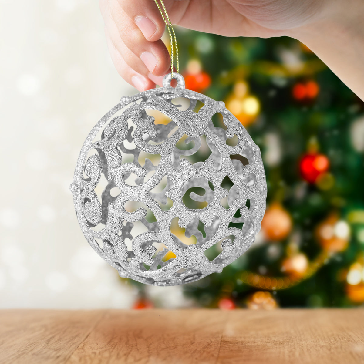 Esfera con Ornamentos, Glitter, Color Plata, 2 pzas