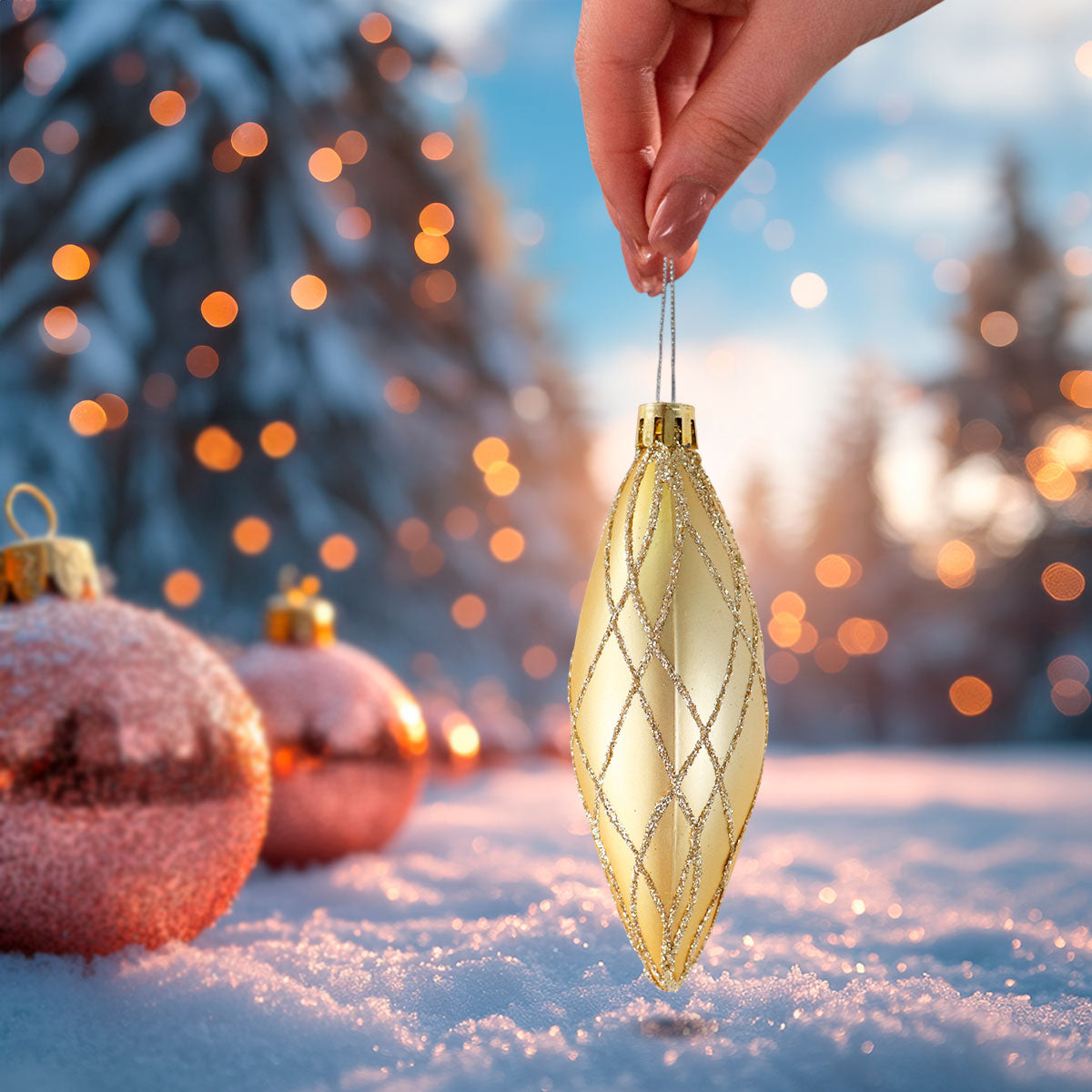 Esferas Navideñas con Glitter, Forma Alargada, Color Oro, 2 pzas