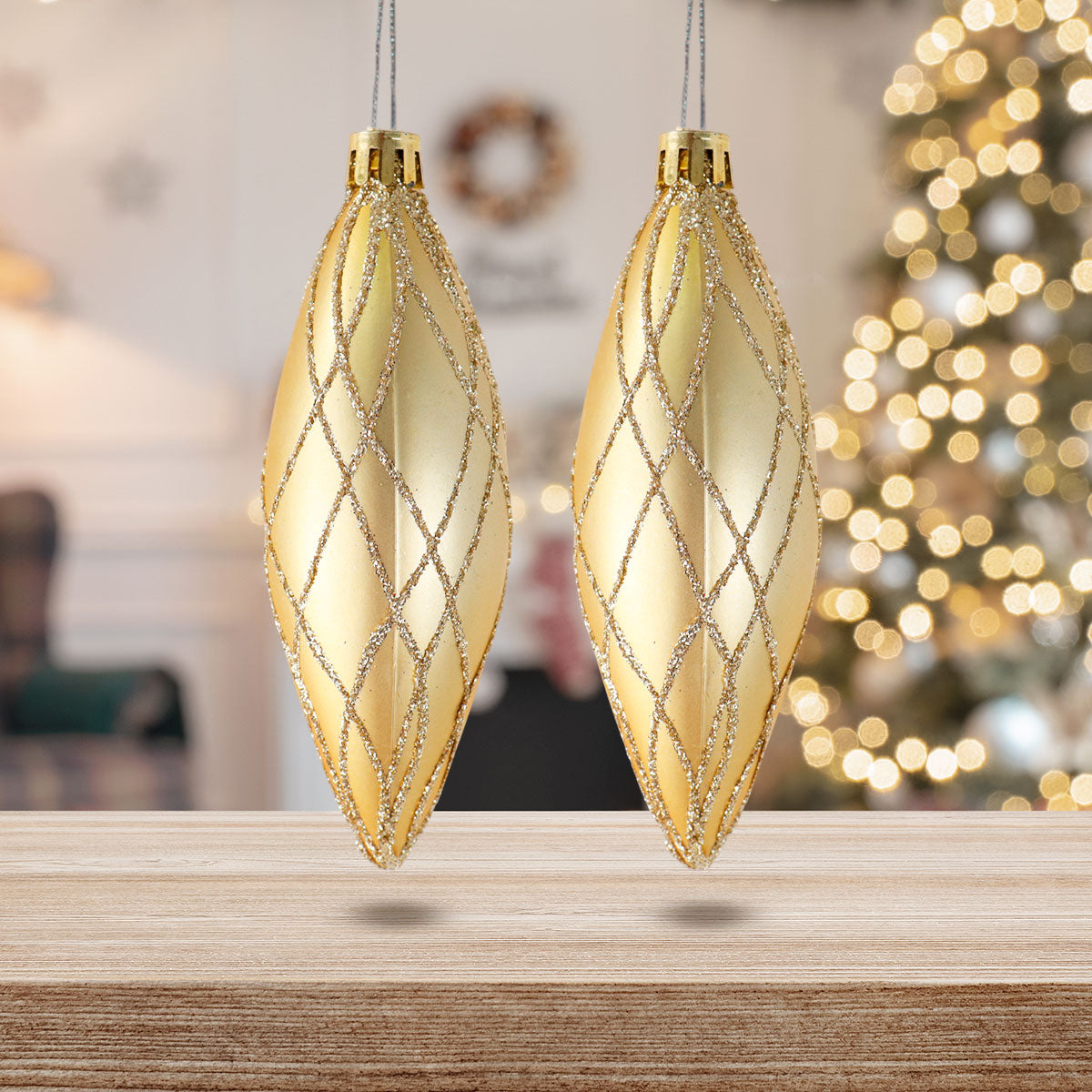 Esferas Navideñas con Glitter, Forma Alargada, Color Oro, 2 pzas