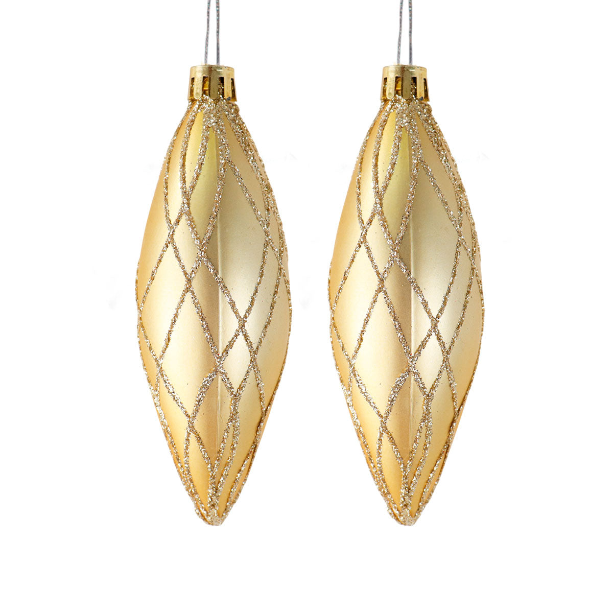 Esferas Navideñas con Glitter, Forma Alargada, Color Oro, 2 pzas