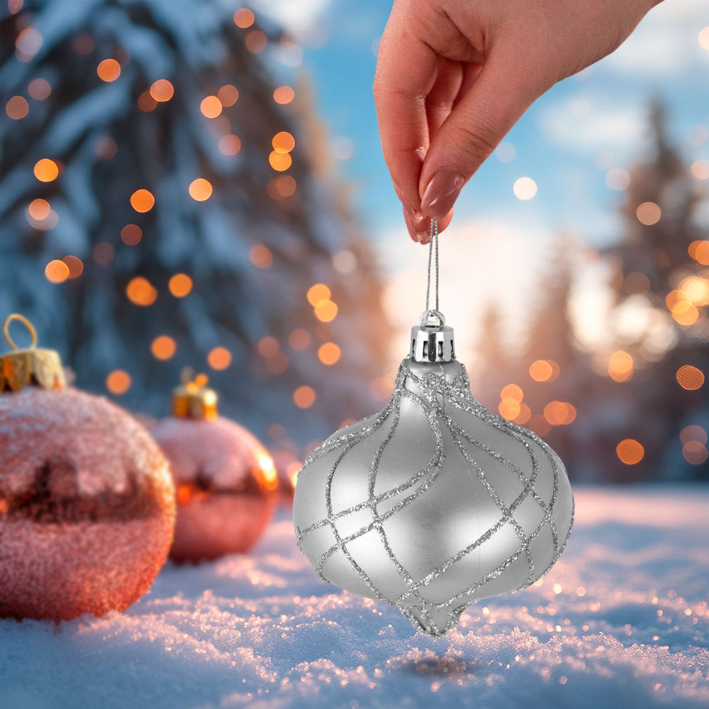 Esferas Navideñas con Glitter, Forma Cebolla, Color Plateado, 2 pzas