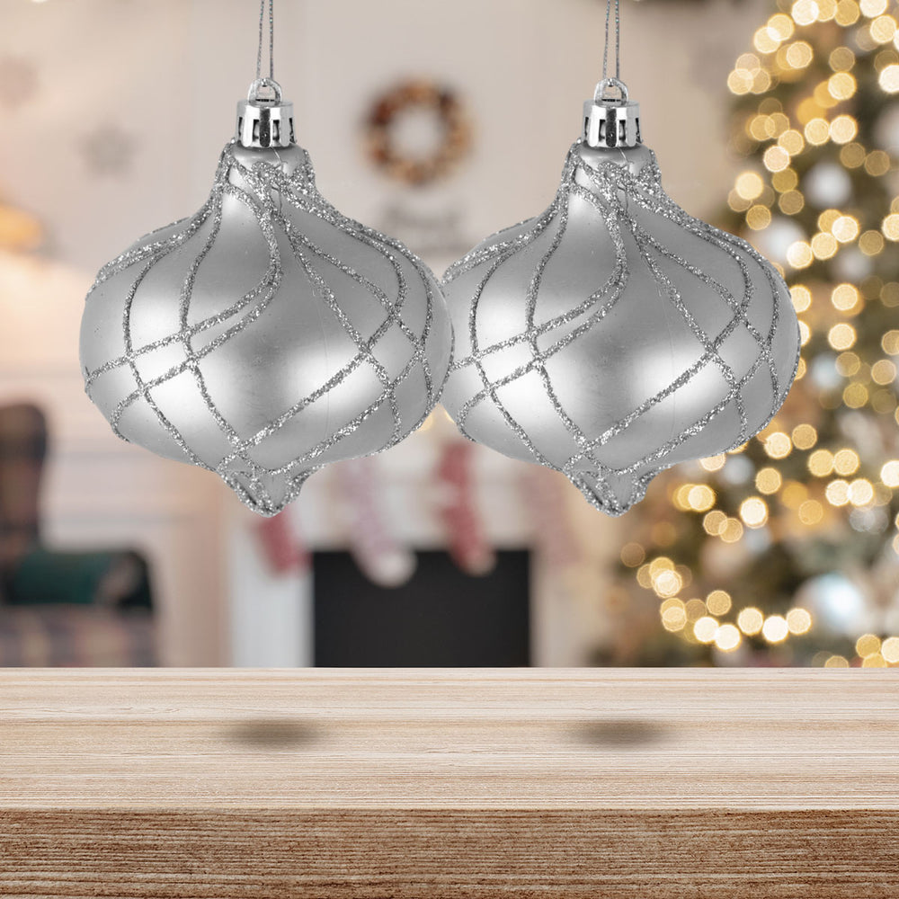 Esferas Navideñas con Glitter, Forma Cebolla, Color Plateado, 2 pzas
