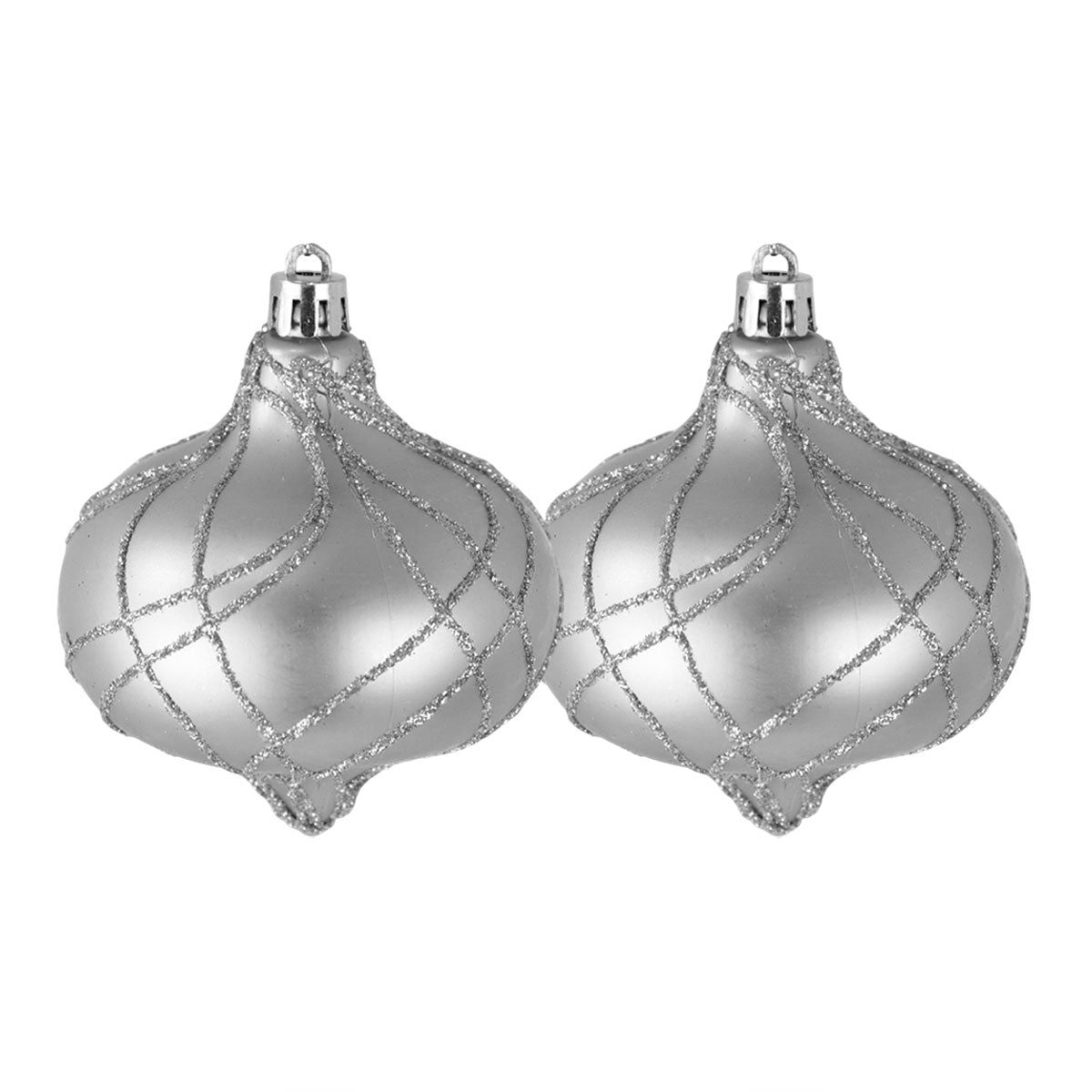 Esferas Navideñas con Glitter, Forma Cebolla, Color Plateado, 2 pzas