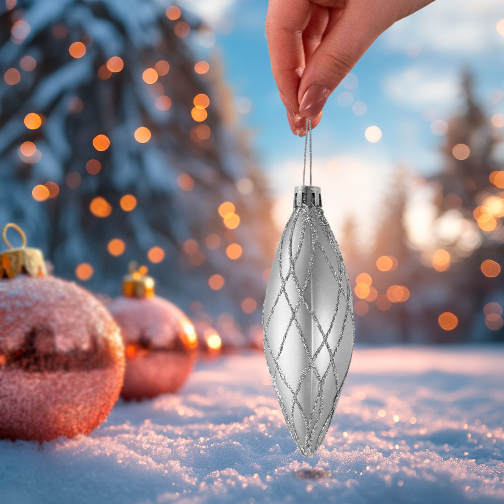 Esferas Navideñas con Glitter, Forma Alargada, Color Plateado, 2 pzas