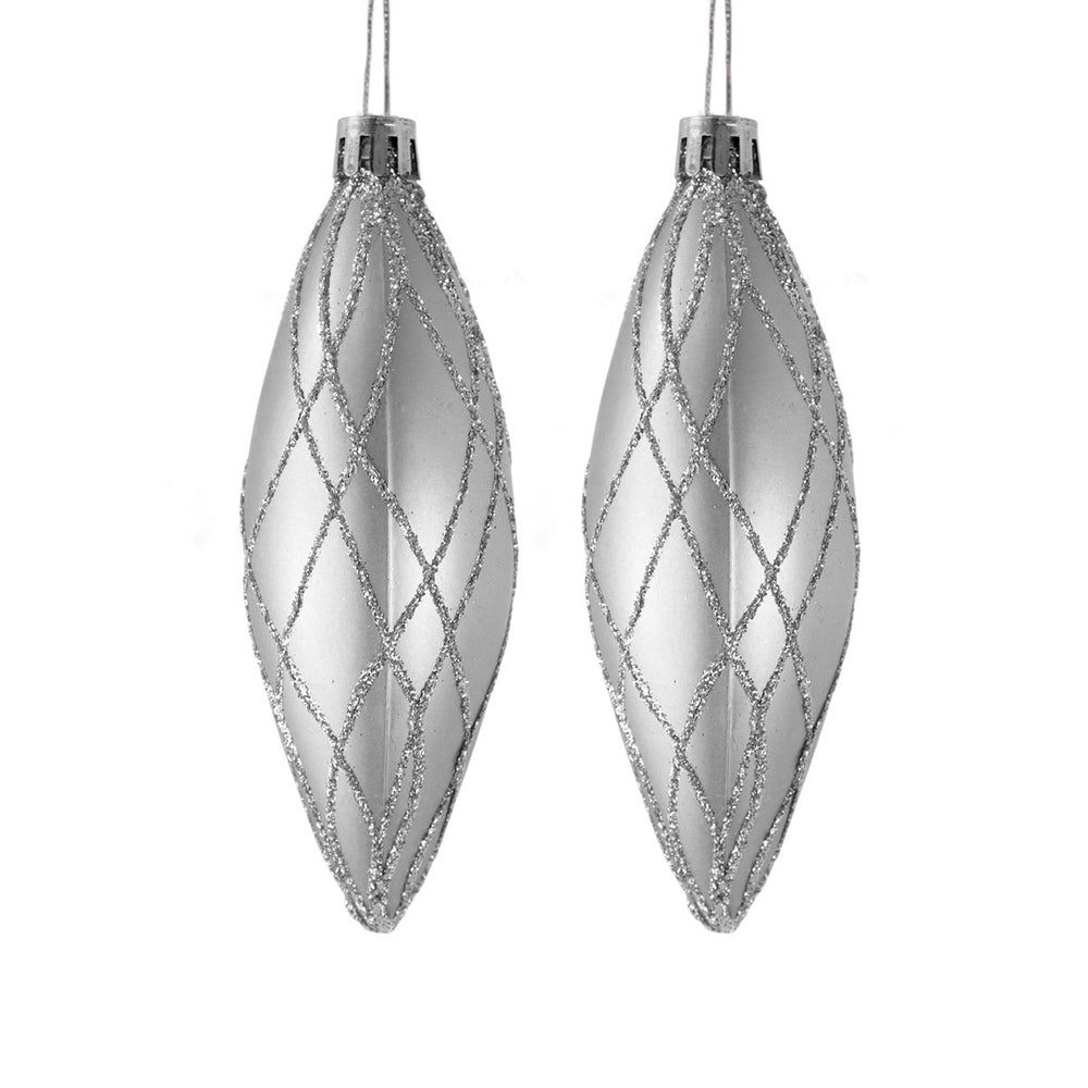Esferas Navideñas con Glitter, Forma Alargada, Color Plateado, 2 pzas