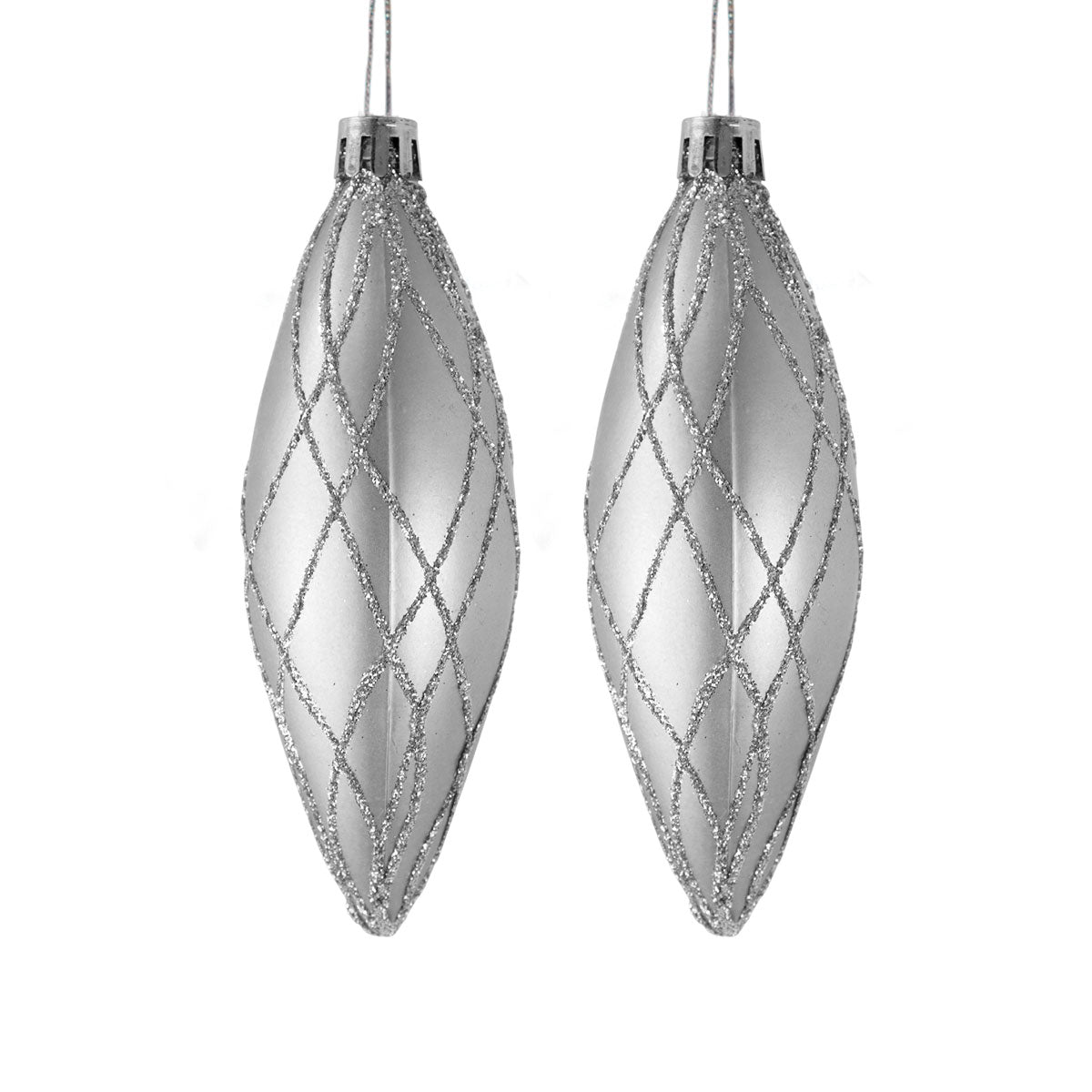 Esferas Navideñas con Glitter, Forma Alargada, Color Plateado, 2 pzas