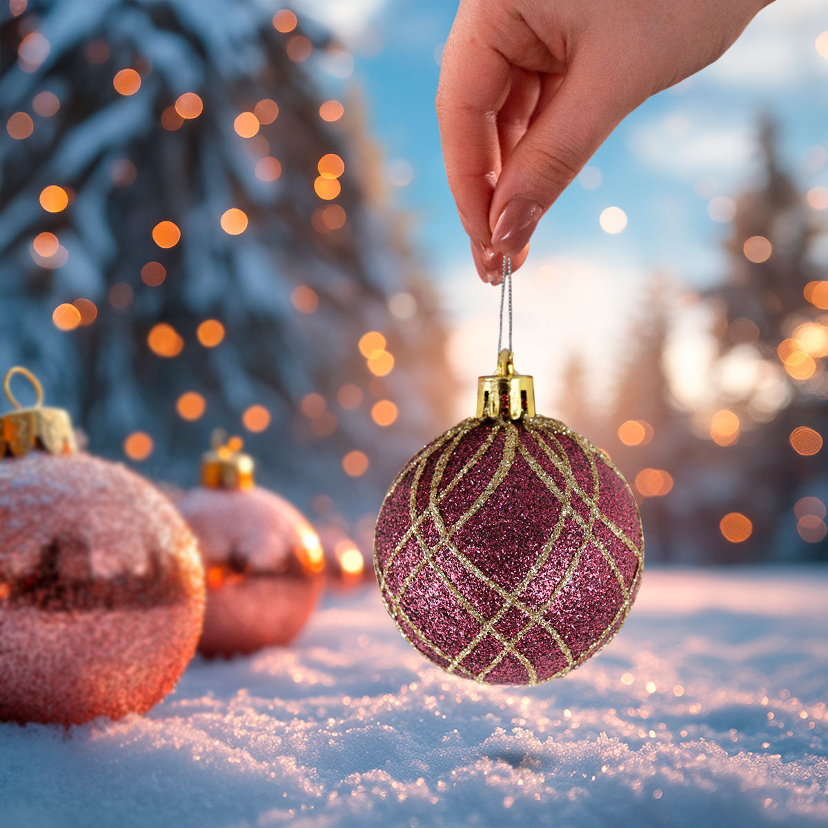 Esferas Navideñas con Glitter, Color Vino, 2 pzas