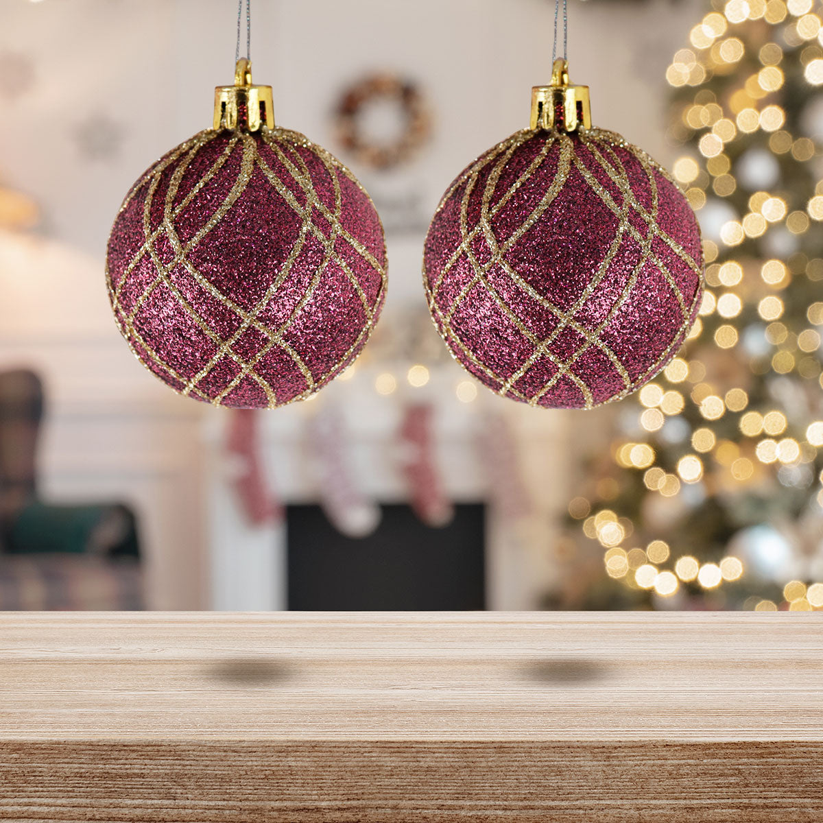Esferas Navideñas con Glitter, Color Vino, 2 pzas