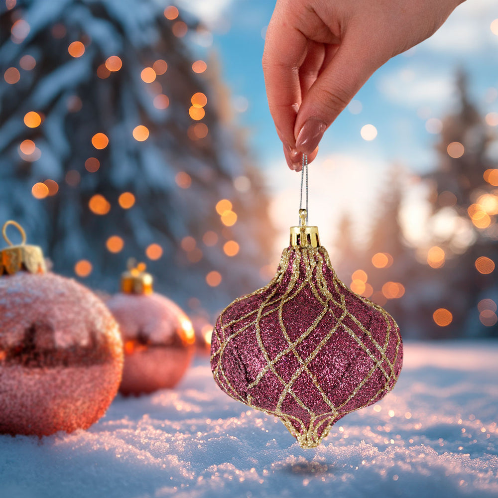 Esferas Navideñas con Glitter, Forma Cebolla, Color Vino, 2 pzas