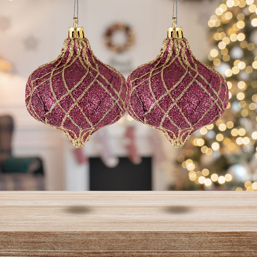 Esferas Navideñas con Glitter, Forma Cebolla, Color Vino, 2 pzas