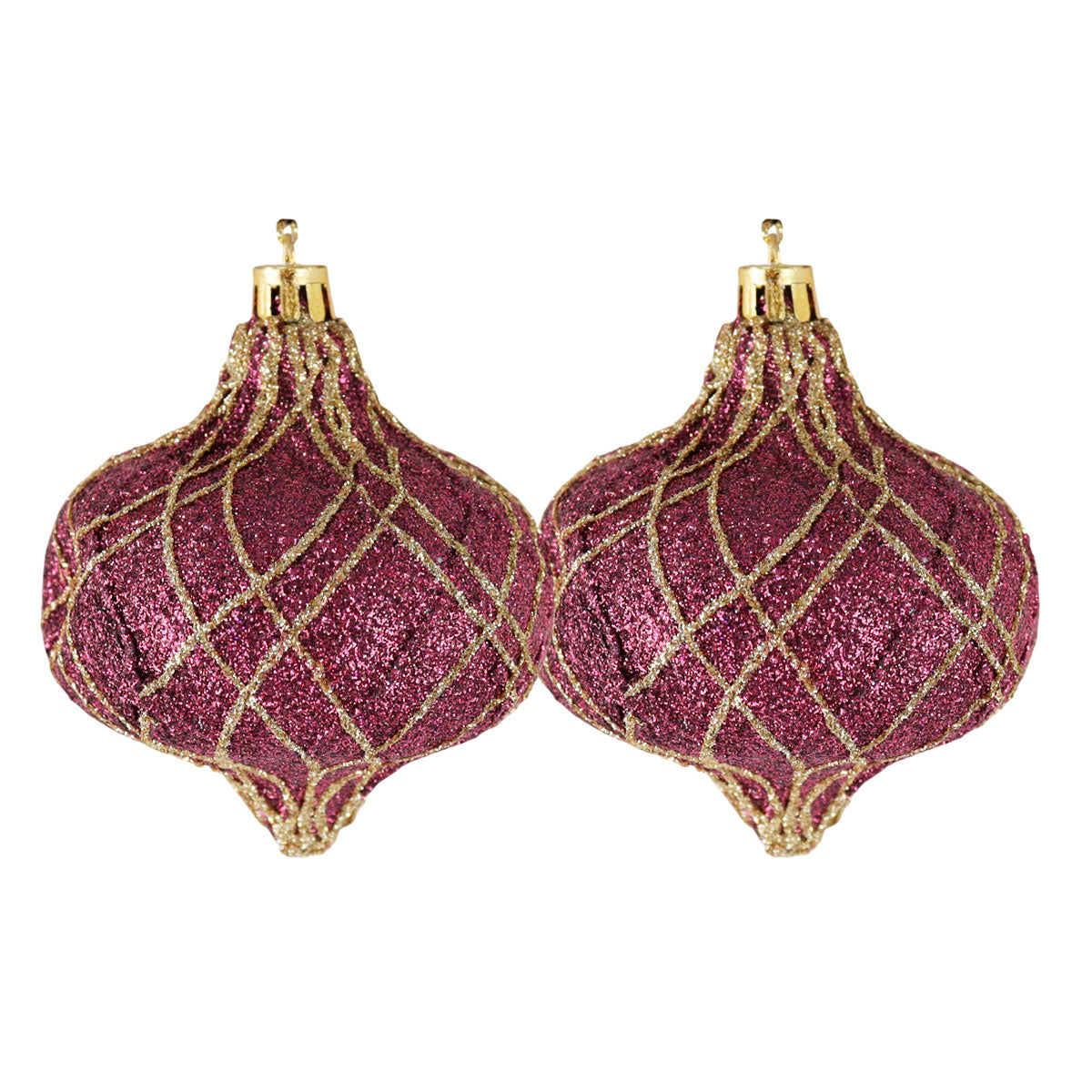 Esferas Navideñas con Glitter, Forma Cebolla, Color Vino, 2 pzas