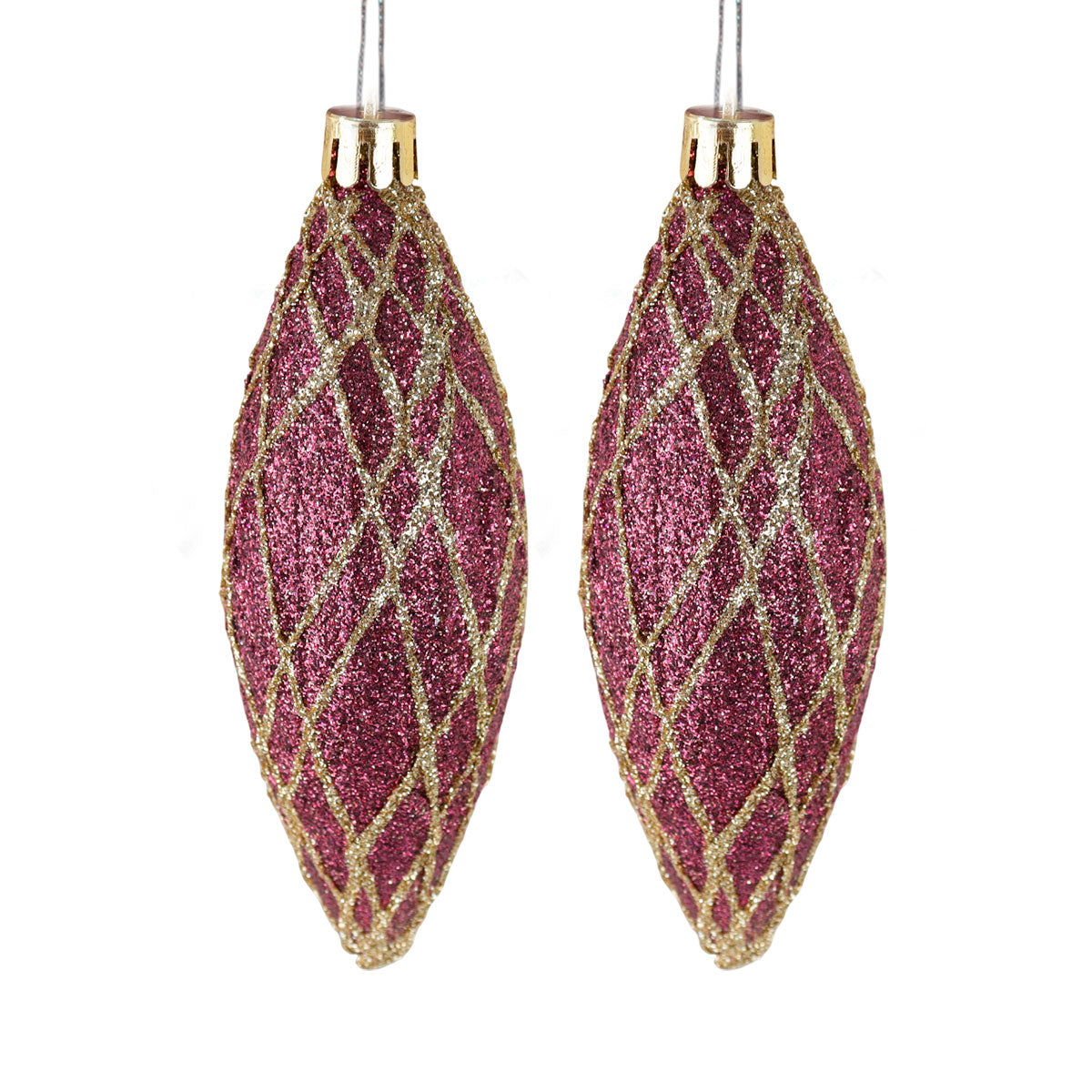 Esferas Navideñas con Glitter, Forma Alargada, Color Vino, 2 pzas