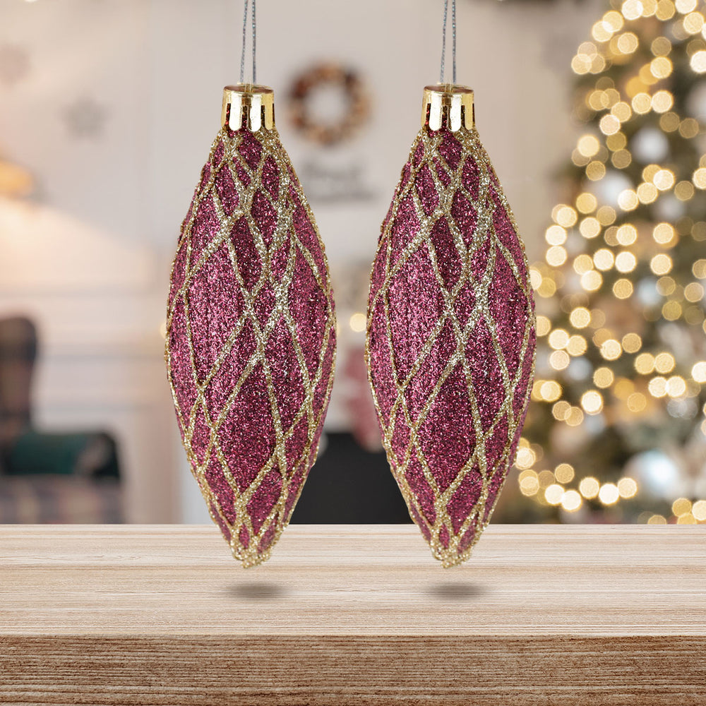 Esferas Navideñas con Glitter, Forma Alargada, Color Vino, 2 pzas