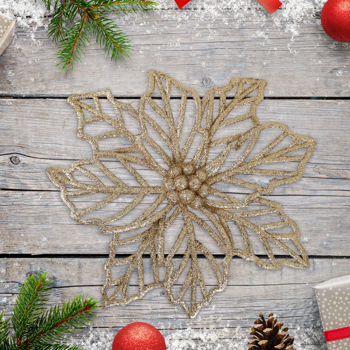 Flor Ornamento Navideño, Color Dorado, 23 cm