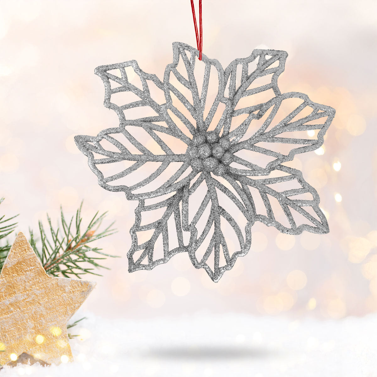 Flor Ornamento Navideño, Color Plata, 23 cm