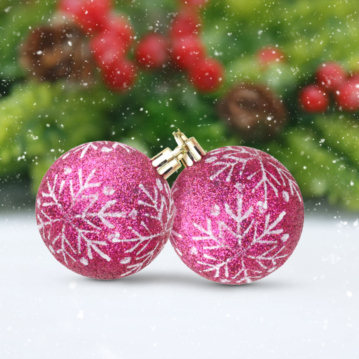 Esferas Redondas color Rosa con Decoración de Copo de Nieve, 2pzas