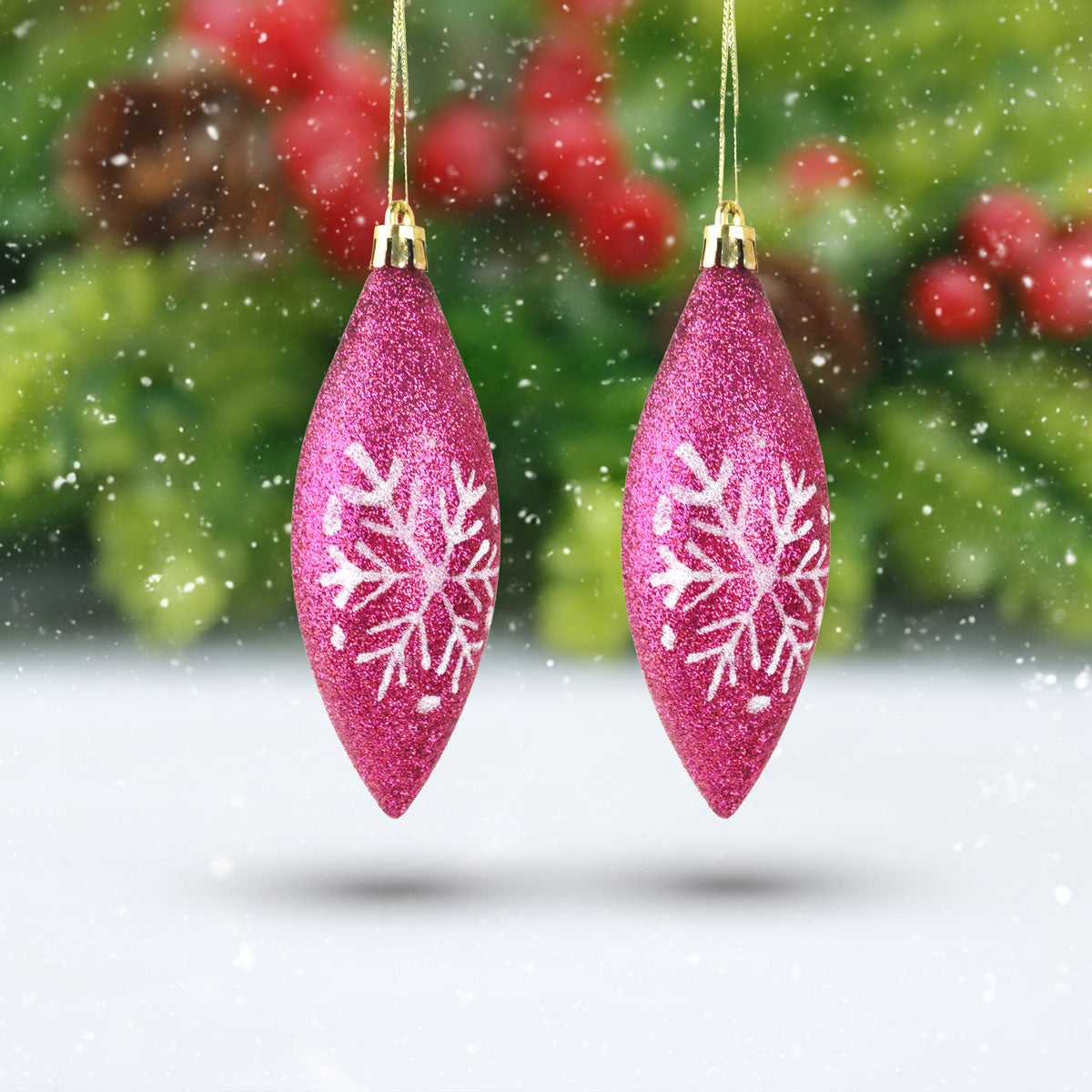 Esferas Alargadas color Rosa con Decoración de Copo de Nieve, 2pzas