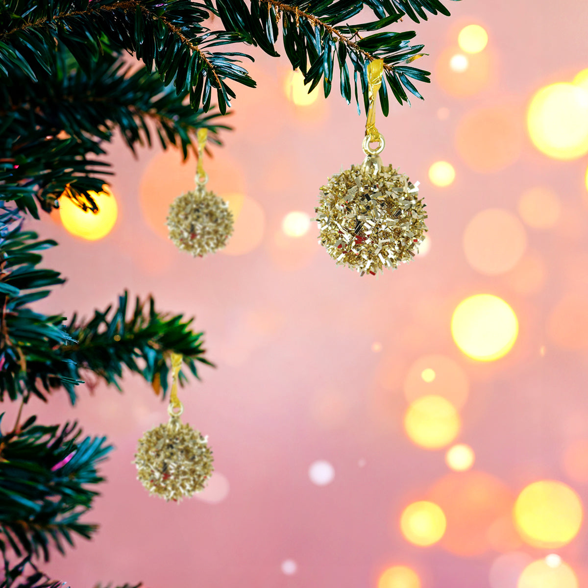 Mini Esferas Navideñas con Glitter, Color Oro, 6 pzas