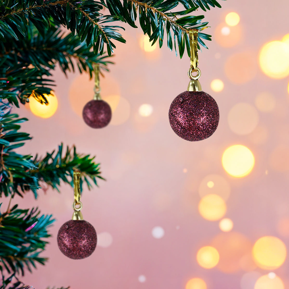 Mini Esferas Navideñas con Glitter, Color Vino, 6 pzas