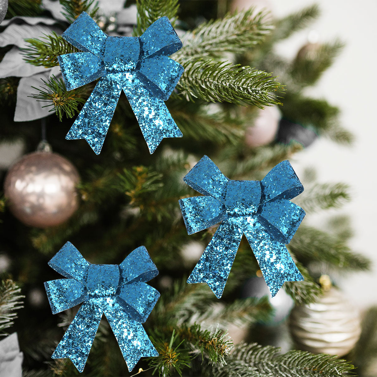 Set de 3 Moños Navideños con Diamantina color Azul