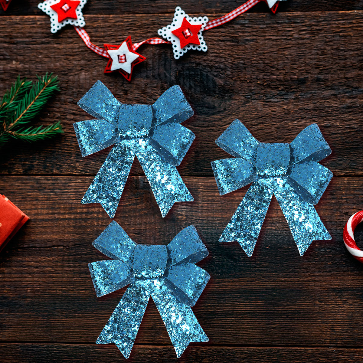 Set de 3 Moños Navideños con Diamantina color Azul