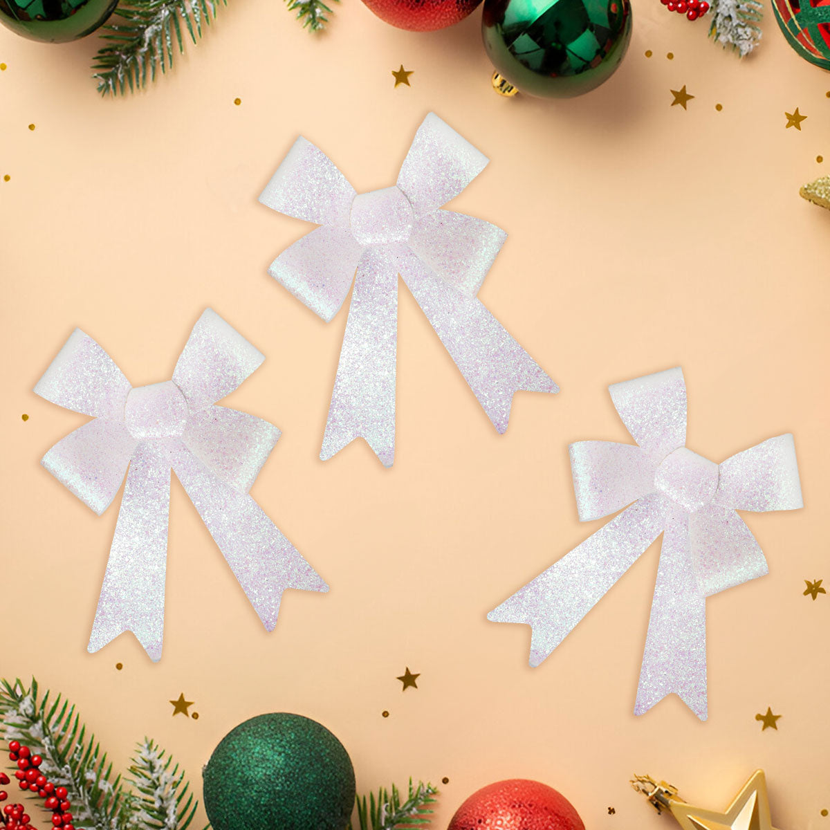 Set de 3 Moños Navideños con Diamantina color Blanco