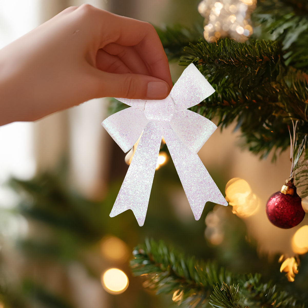 Set de 3 Moños Navideños con Diamantina color Blanco