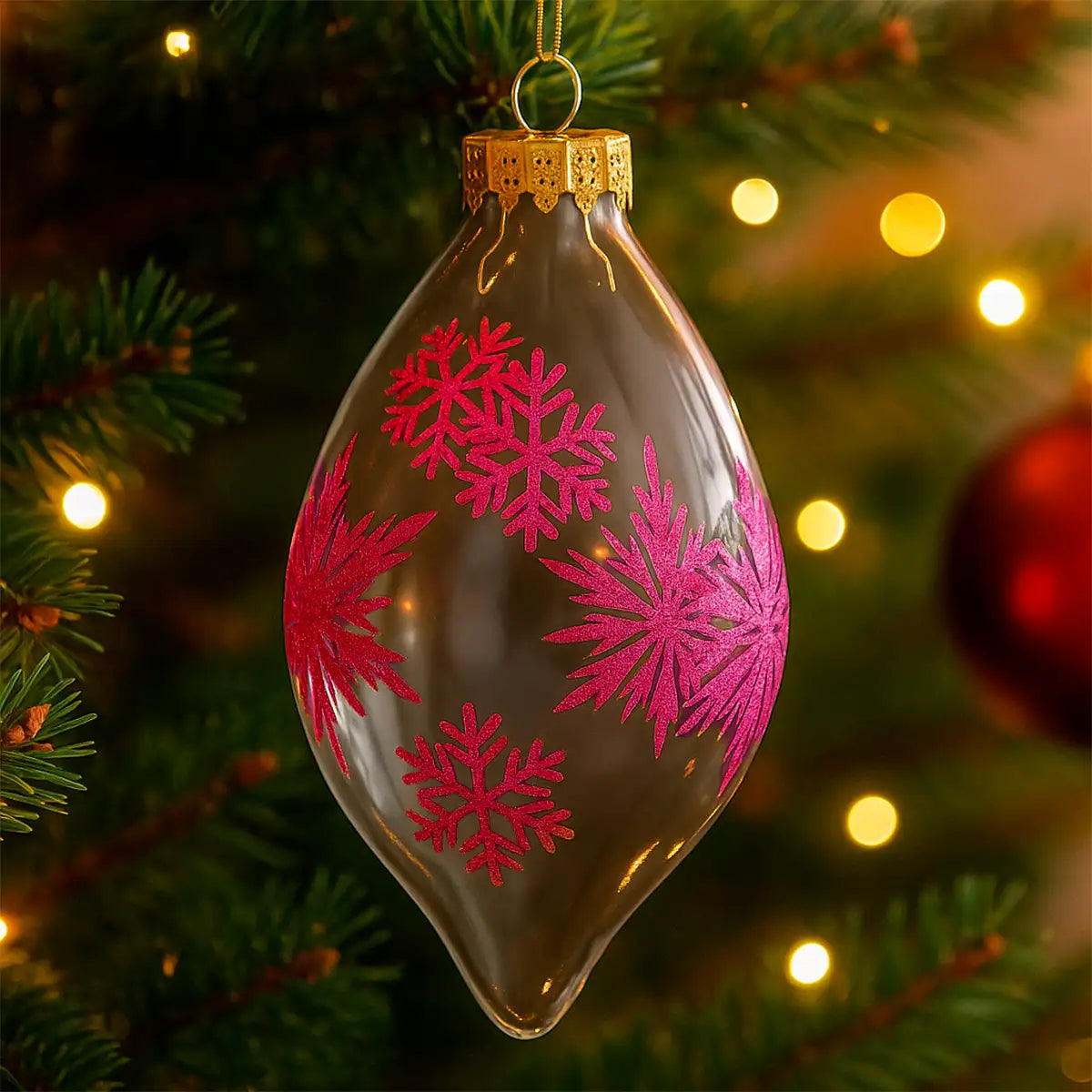 Esfera Alargada Transparente Decorada con Copos de Nieve color Vino