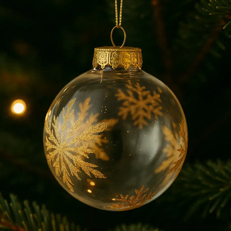 Esfera Redonda Transparente Decorada con Copos de Nieve color Oro