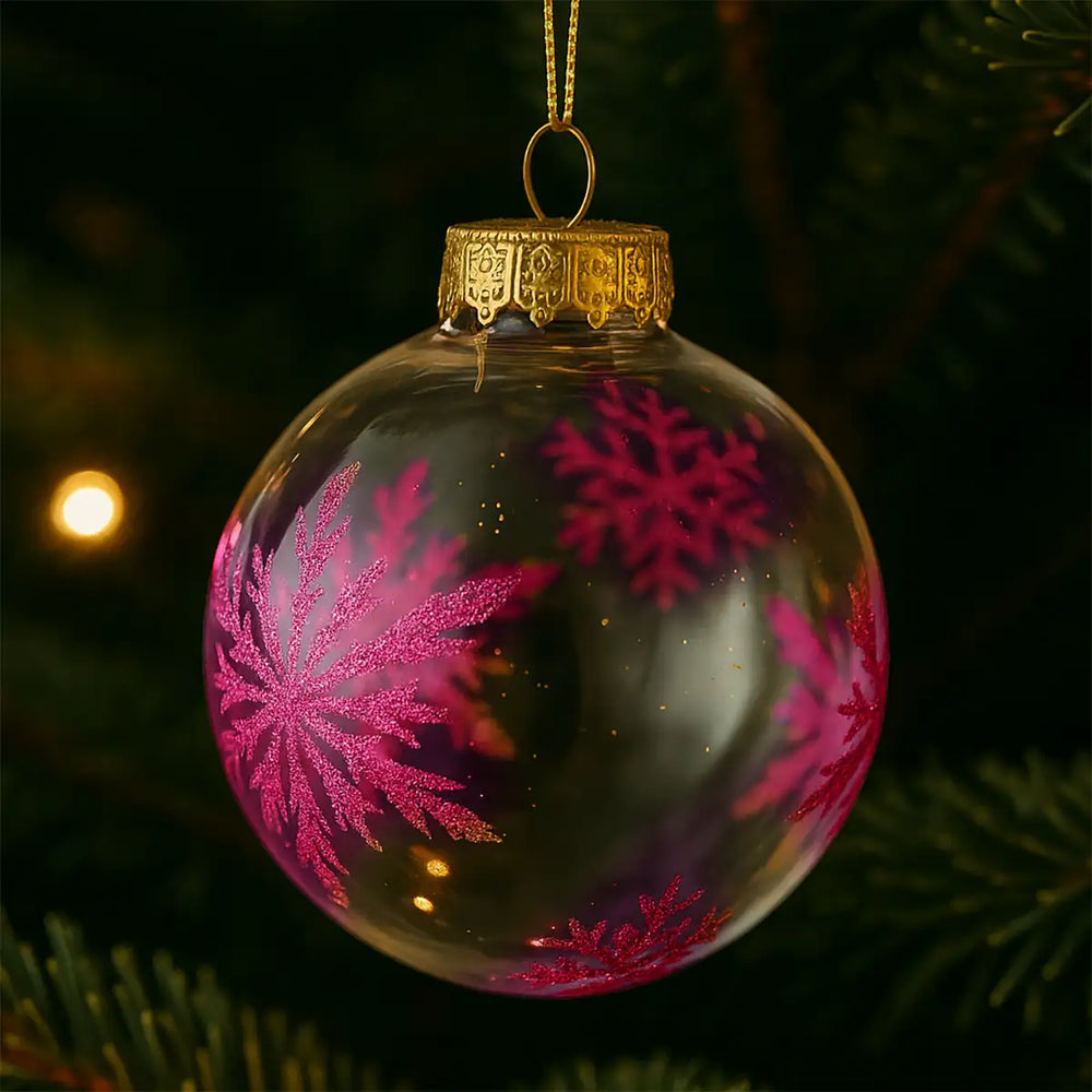 Esfera Redonda Transparente Decorada con Copos de Nieve